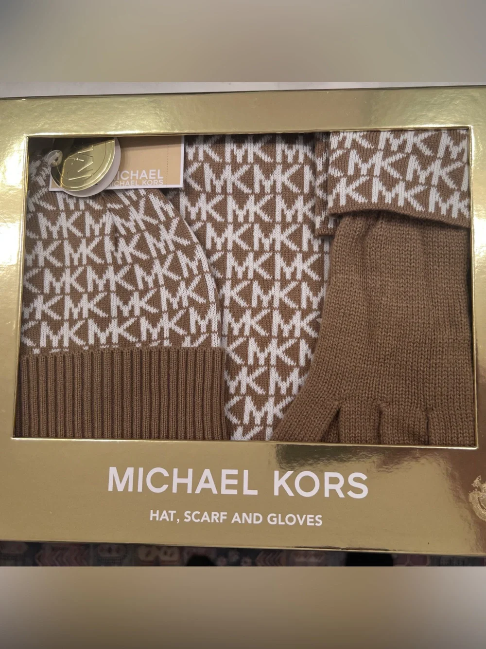 Michael Kors Womens Brown and White Logo Knit Hat, Scarf & Gloves Set